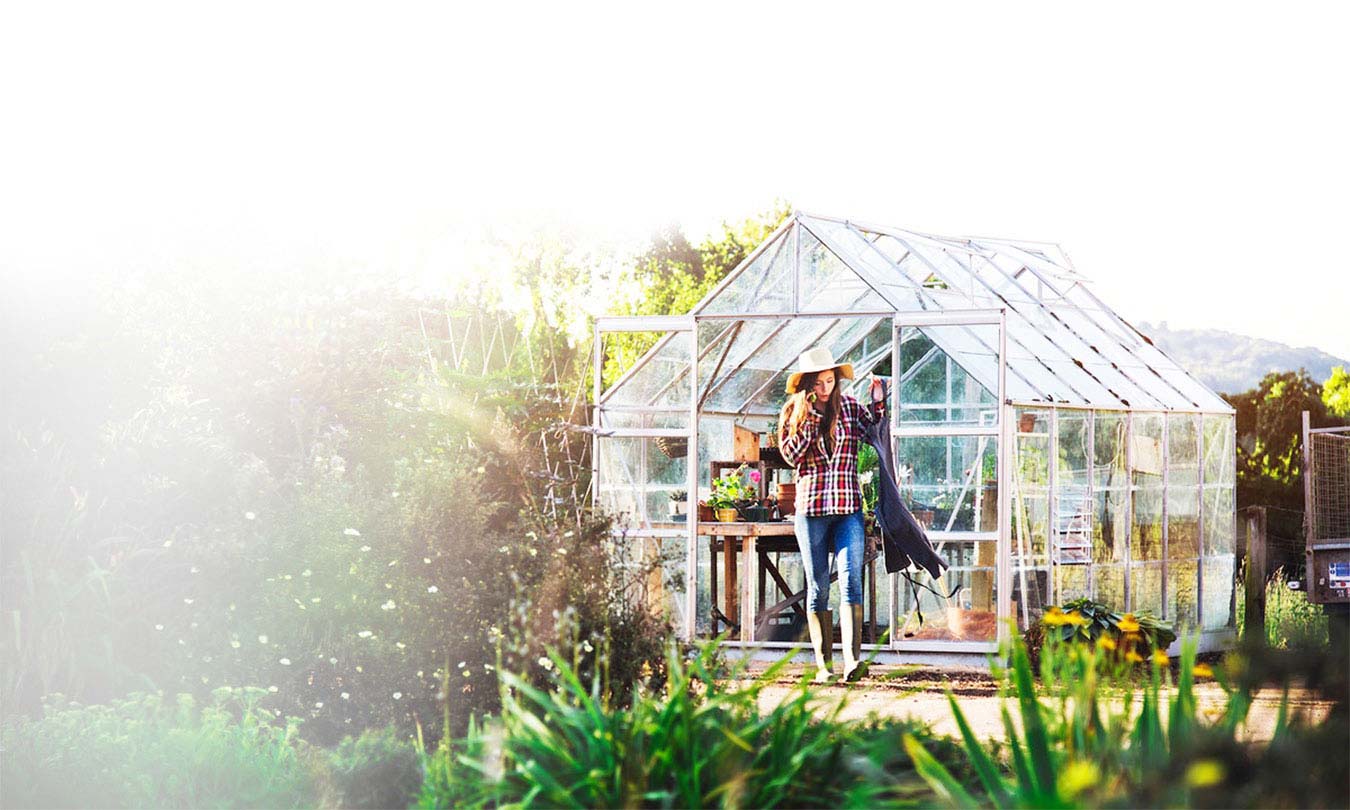 A woman leaving the DSU greenhouse.